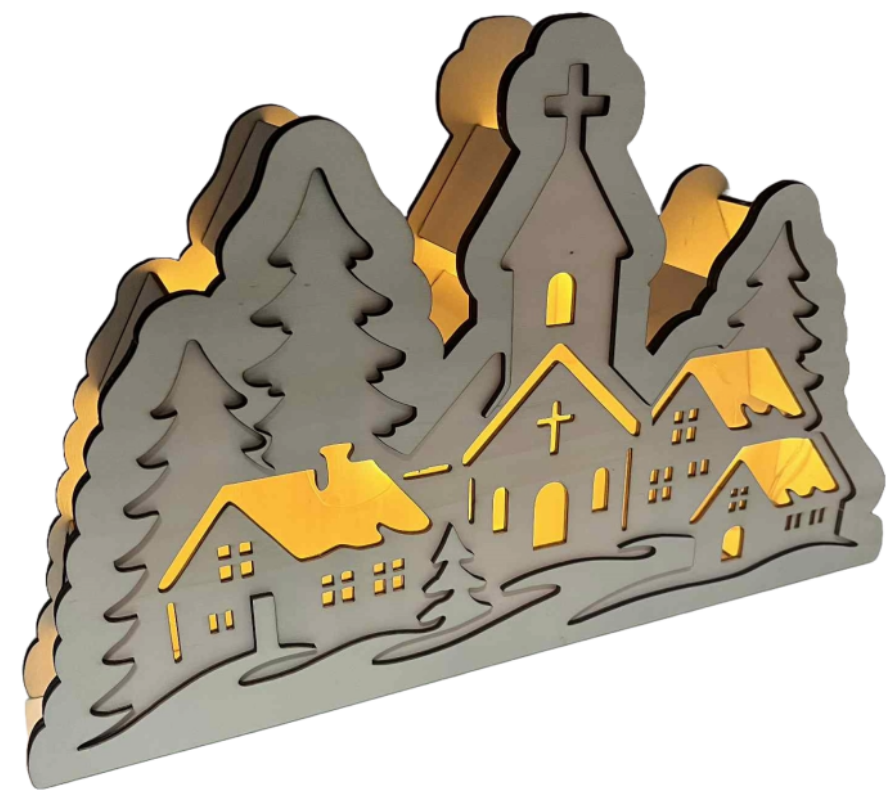 Dřevěná svíticí vesnička s chaloupkama a kostelem