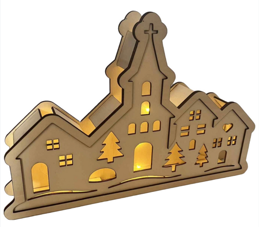 Dřevěná svíticí vesnička s kostelem